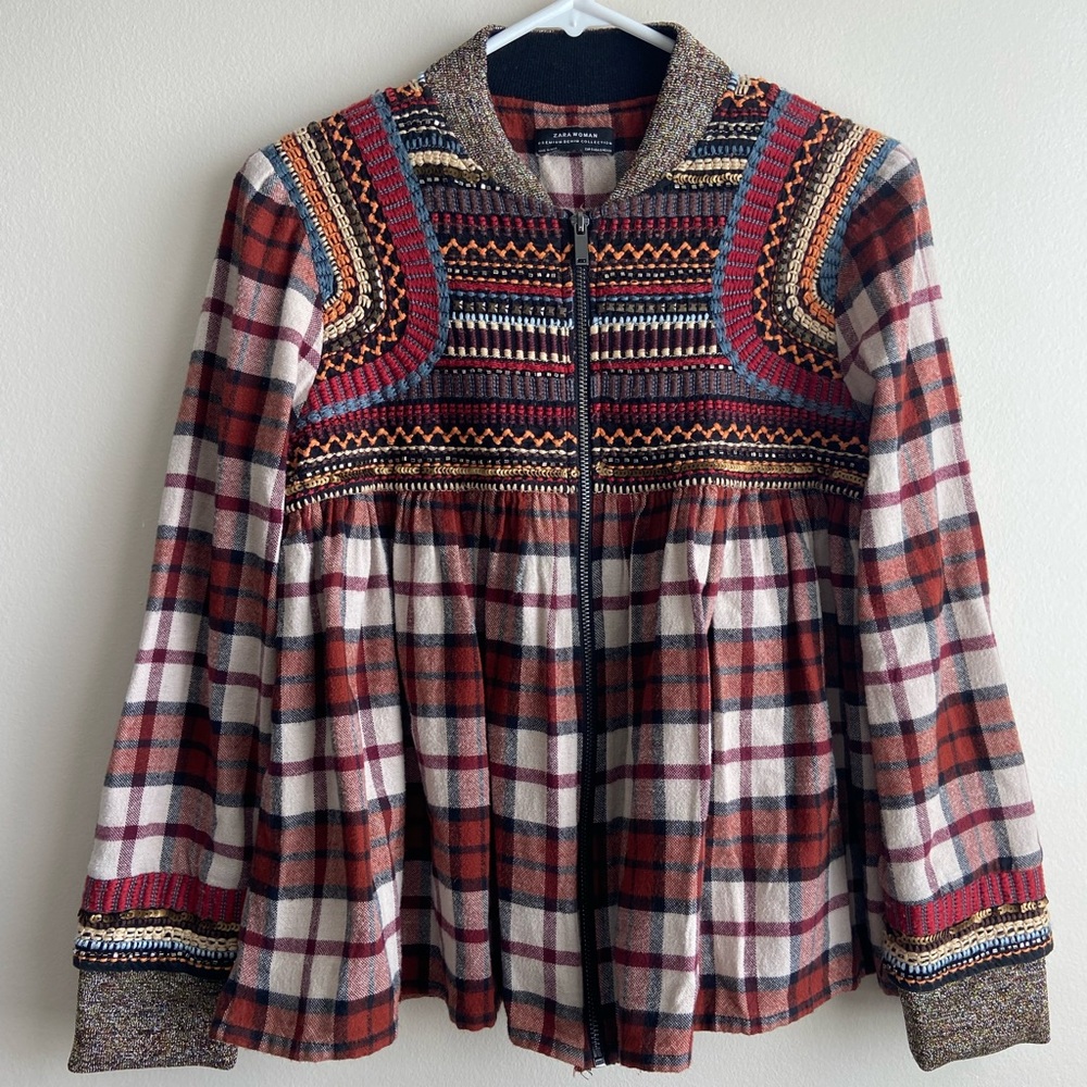 Zara premium denim collection peasant style zip up blouse size Small